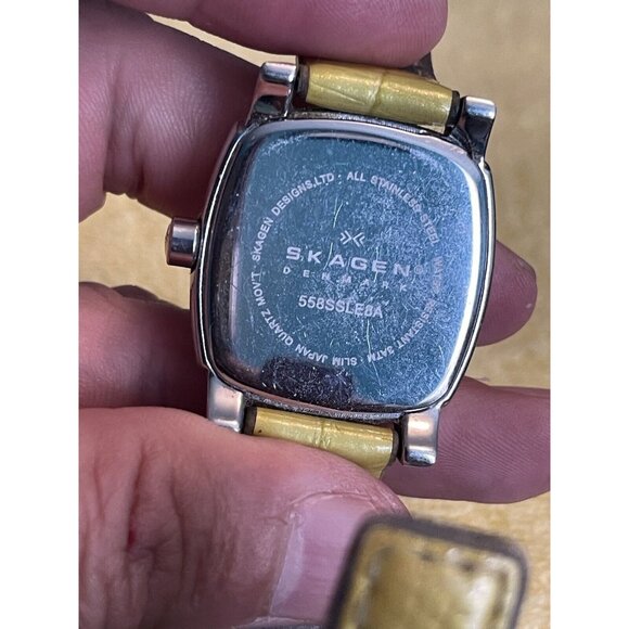 Skagen Denmark Yellow Leather Band Crystal Bezel Mother of Pearl Dial Watch Read - Picture 1 of 11